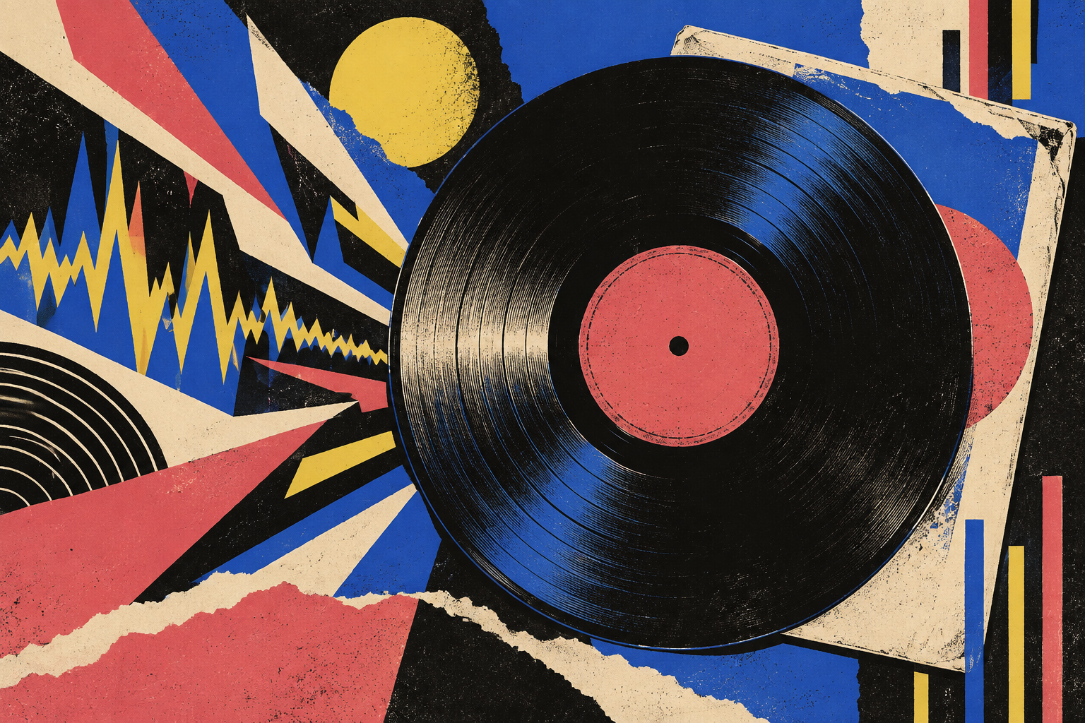 Post-punk screenprint of a vinyl record and angular sound waves