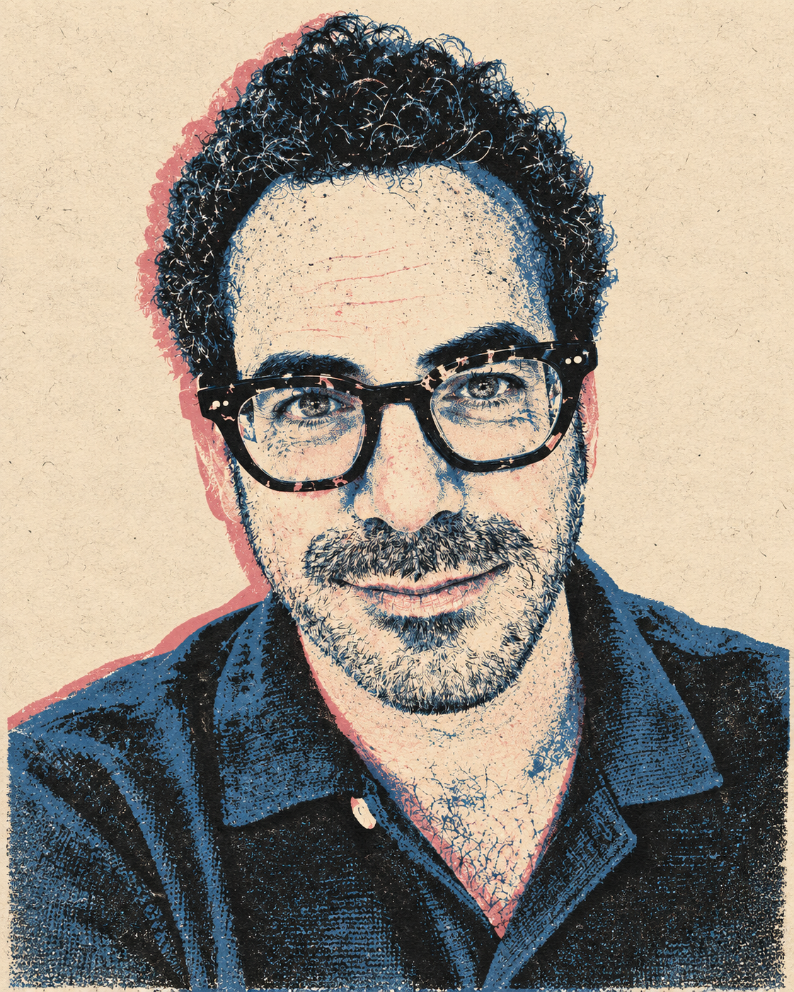 Screen-printed portrait of Yoav Duman, with tortoiseshell glasses and dark curls