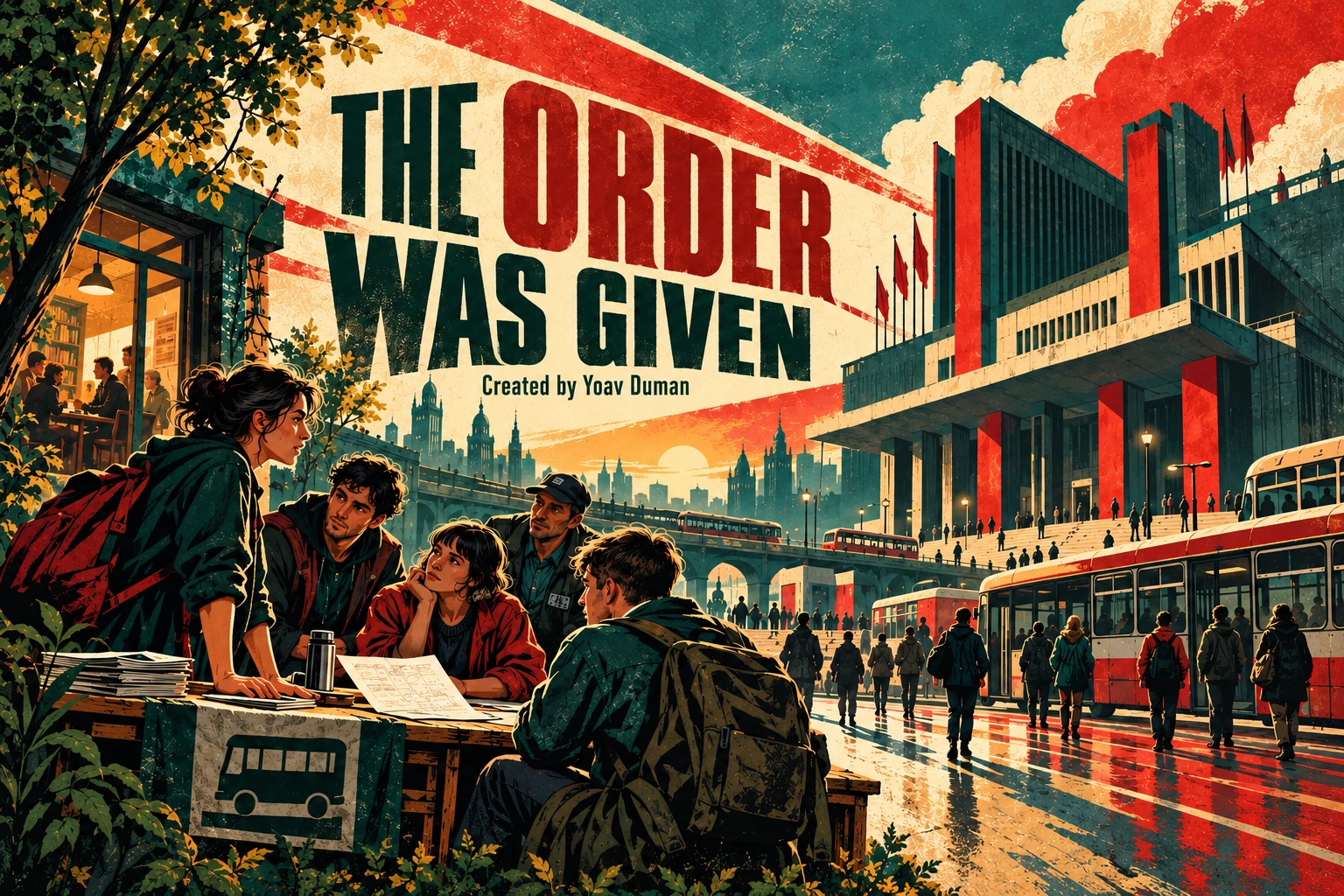 The Order Was Given. Created by Yoav Duman. Young opposition campaign organizers gather at a table beside an imposing fictional bus terminal, in a red, cream and dark-green political poster.