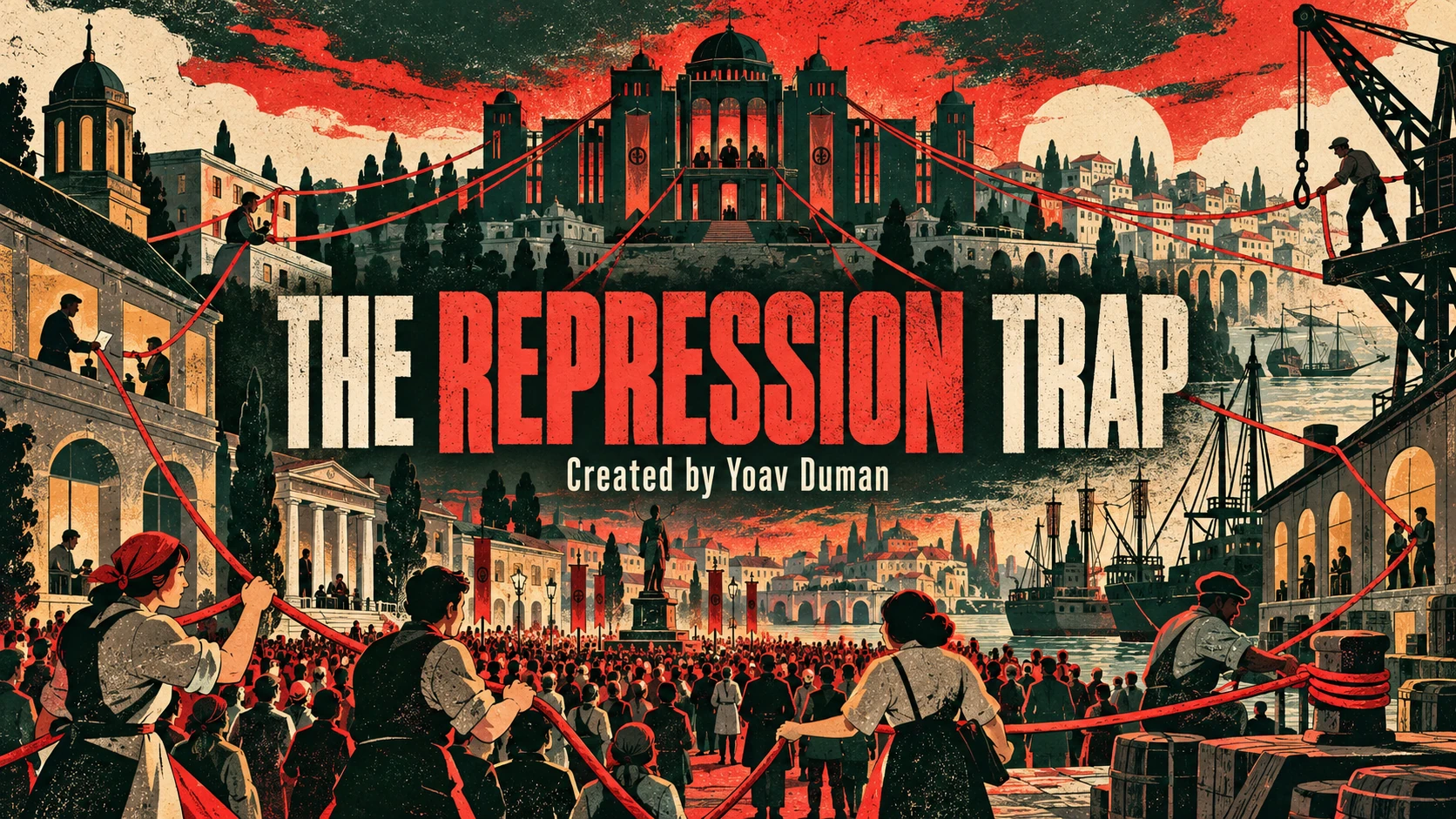 The Repression Trap. Created by Yoav Duman. A fictional crowd, harbor and ministries linked by red threads.