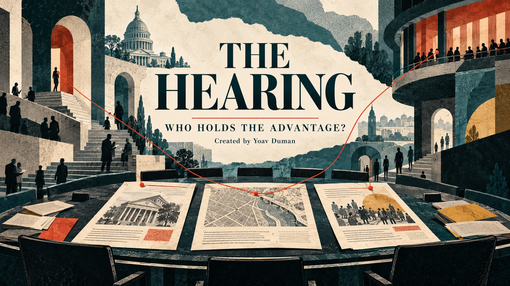 The Hearing: Who Holds the Advantage. Original conceptual cover for an investigation into evidence and political competition.