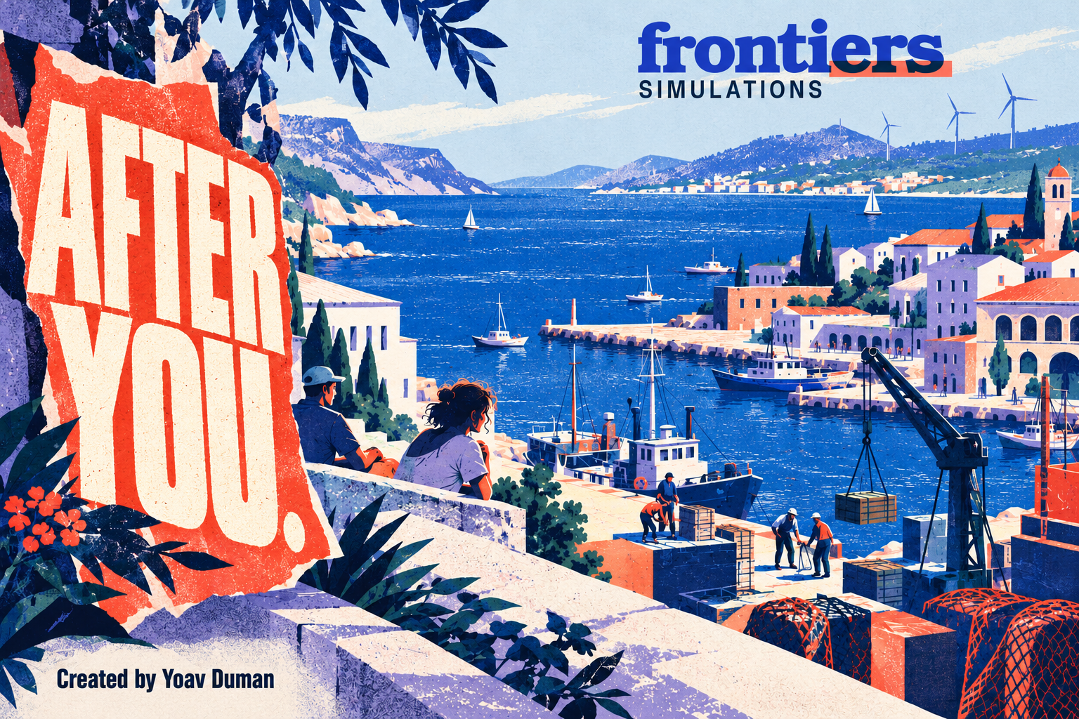 After You cover: a screenprint of a working coast and harbor, with the Frontiers Simulations logo, the title After You, and the credit Created by Yoav Duman.