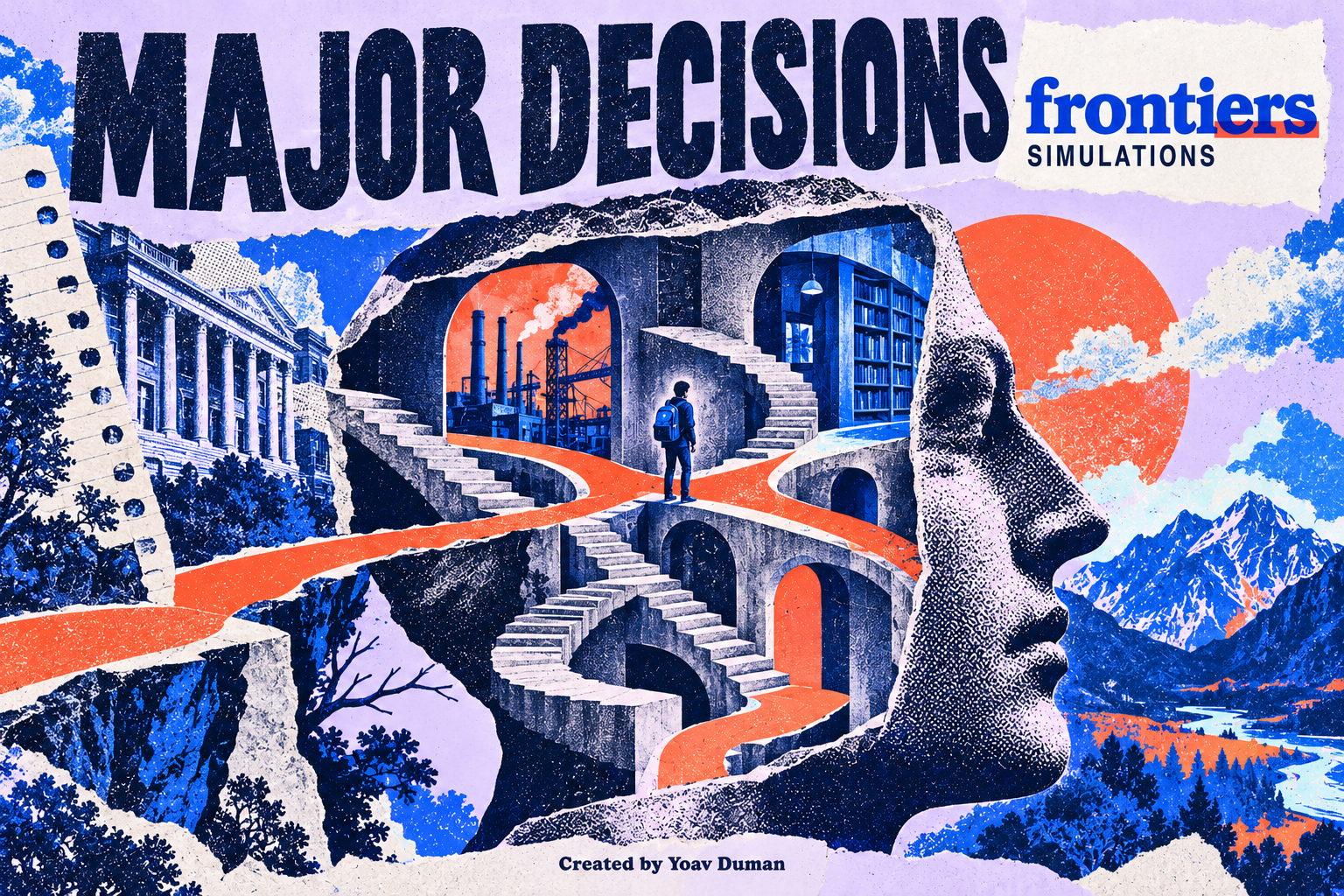 Surreal screenprint poster for Major Decisions: a layered human profile contains impossible staircases and a student at a fork, with library and factory windows. A coral path passes through and around the head. Includes the Frontiers Simulations logo.