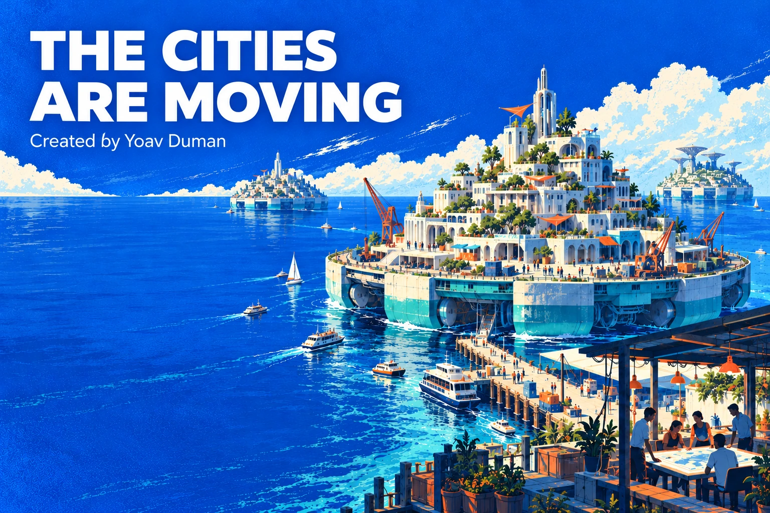 The Cities Are Moving. Created by Yoav Duman. A floating city approaches a harbor in a cobalt screenprint illustration.
