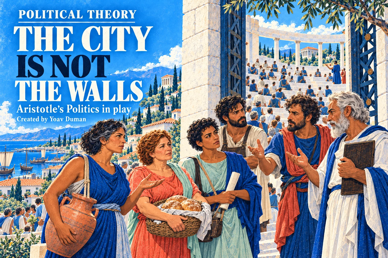The City Is Not the Walls. Created by Yoav Duman. Six residents debate political membership and authority at the gateway to Kallia’s assembly.