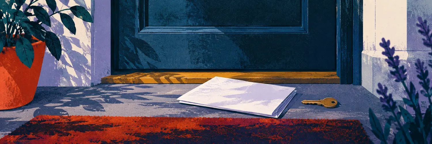 Conceptual illustration of a blank folded document and key beside a closed home threshold.