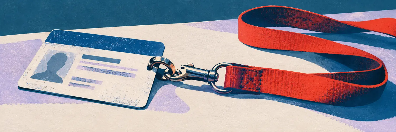 Conceptual illustration of a plain health-insurance card and lanyard on a table.