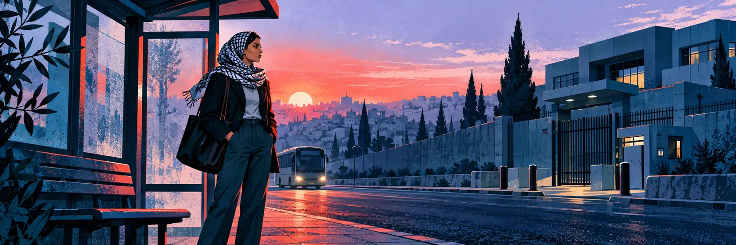 Conceptual illustration of a commuter waiting at a bus shelter before dawn.