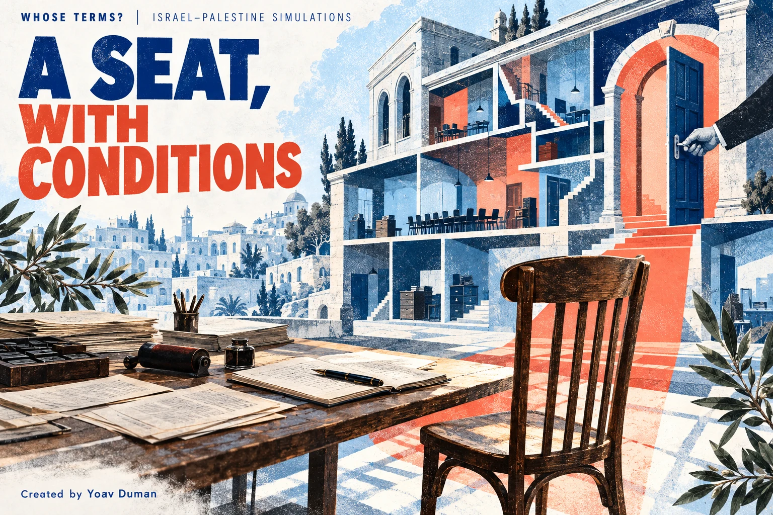 Illustrated cover of A Seat, With Conditions: an empty chair and notebook face a cutaway civic building with uneven rooms, stairways, and an externally controlled doorway. Whose Terms? Created by Yoav Duman.