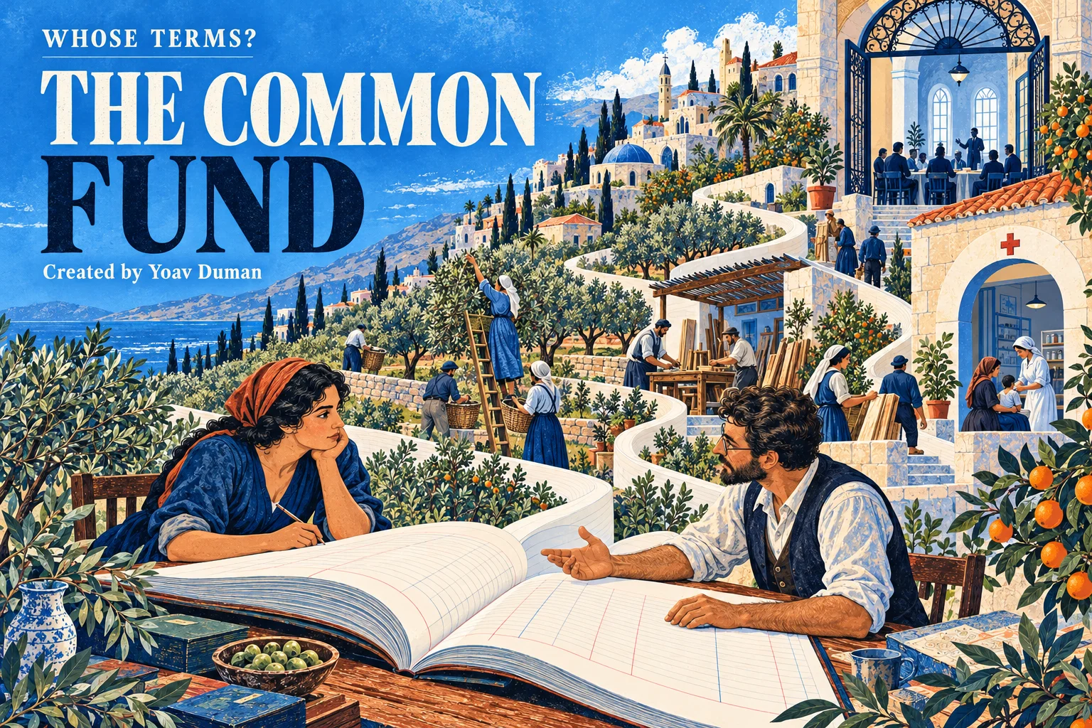The Common Fund. Whose Terms? Created by Yoav Duman. An open ledger connects two people to olive groves, a workshop, a clinic, and a boardroom in a blue illustrated landscape.